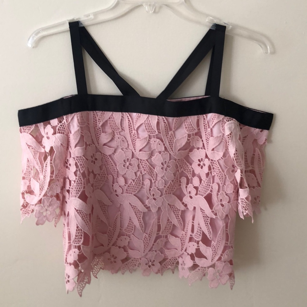Lined offf the shoulder pink lace top.